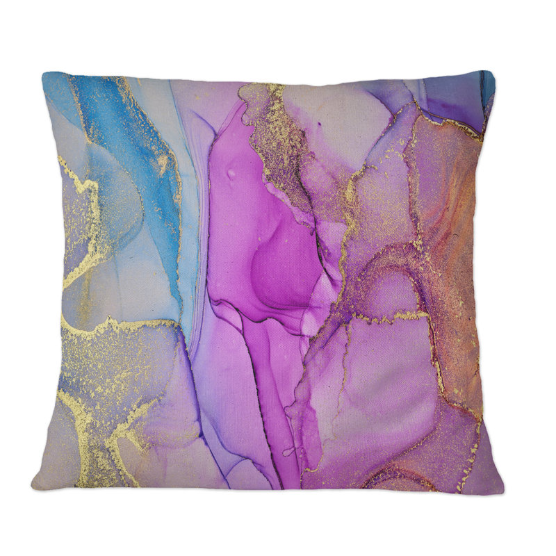 Coussin décoratif bleu et mauve à motif abstrait en marbre II, 16 po x 16 po