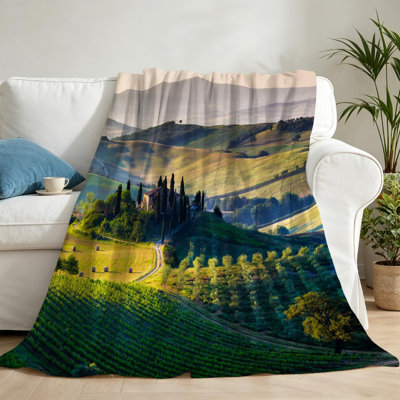 Jeté en flanelle transparente molletonné, impression de paysage pittoresque simple face toscane