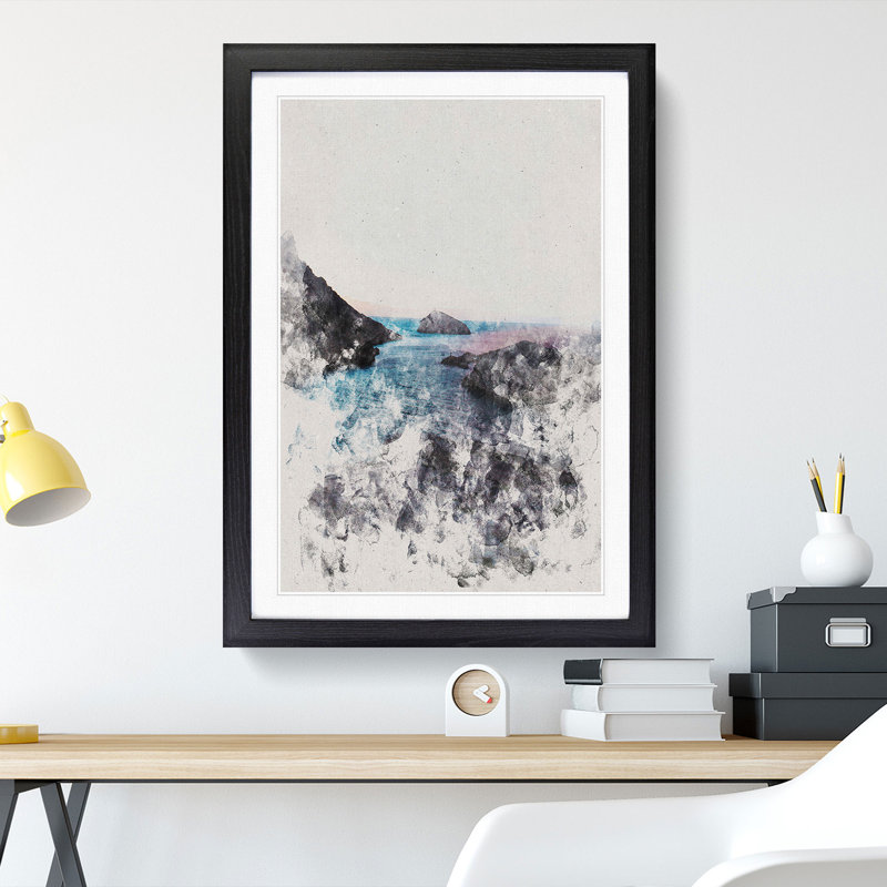 Sea View from Marseille in France Watercolour - Picture Frame Graphic Art, 90cm H x 65cm W x 2cm D, Black