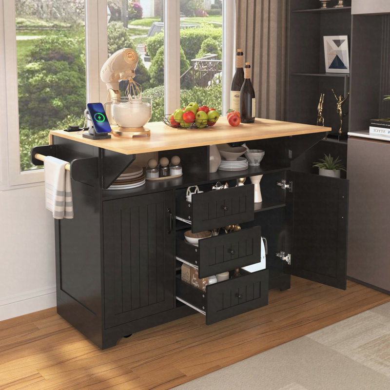 55.7" Large Kitchen Island with 2 Drop Leaf,, Rolling Kitchen Cart on 5 Wheels with Power Outlet, Folding Storage Dining Table with Spice & Towel Rack , 3 Drawers, for Kitchen, Dining Room,Black