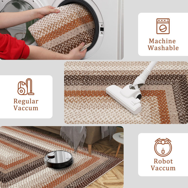 Washable Rug Scalloped Rug Non Slip, Low Pile Thin Foldable Mats, Indoor Neutral Carpet for Living Room Bedroom