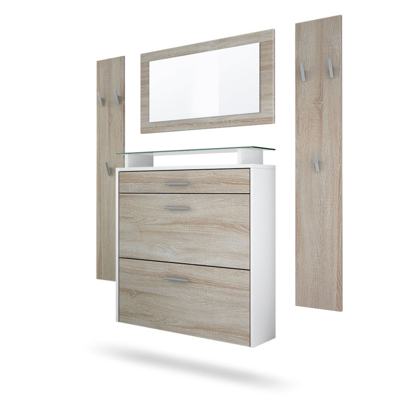 Mccarroll Hall Tree with Shoe Storage, Oak/Matt white