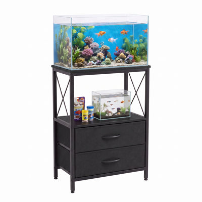 Metal Fish Tank Stand for 5-10 Gallon Aquarium, 2-Tier Storage Fabric Drawers, 350 Lbs Capacity, Black