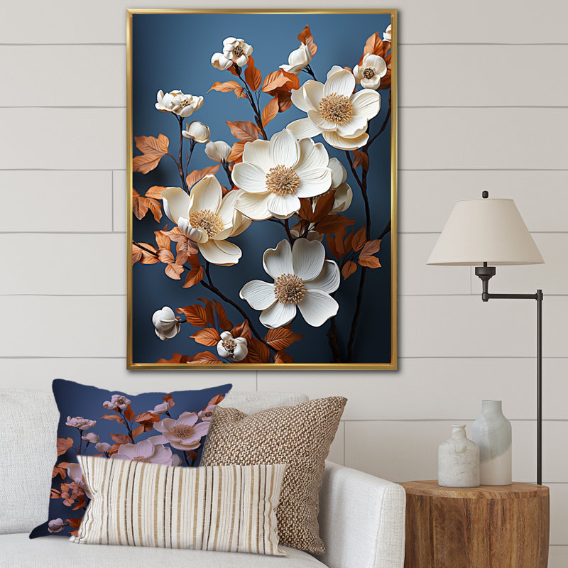 Douces fleurs de cornouiller sur toile, Cadre flottant doré, H 44 po x l 34 po x P 1,5 po