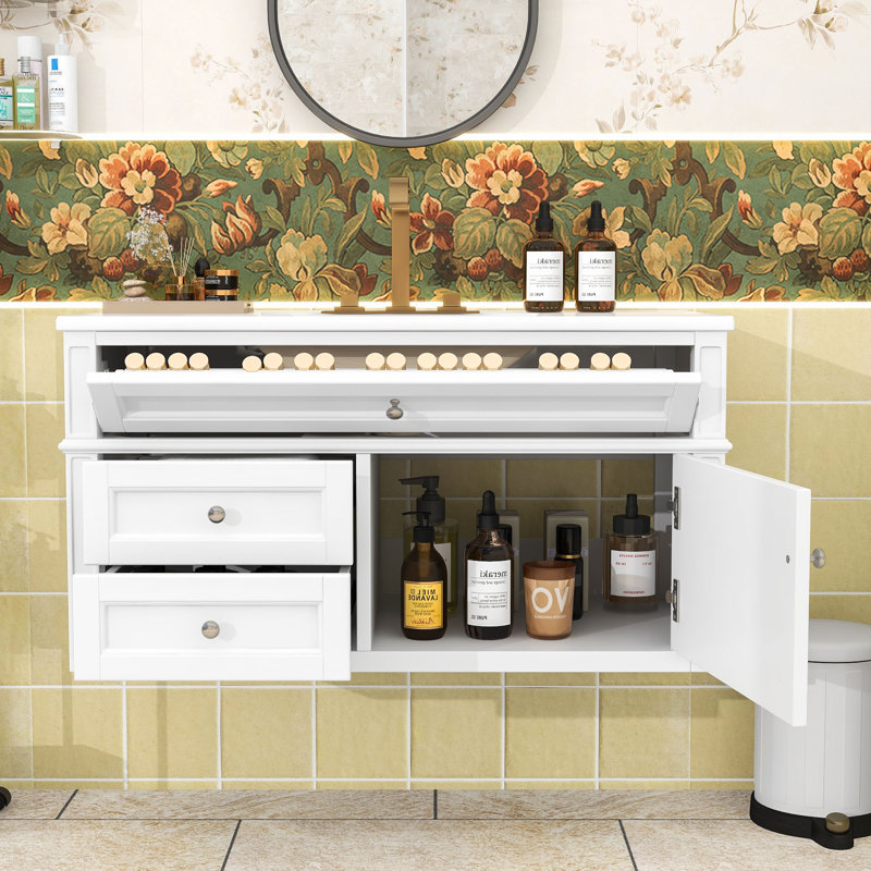 Meuble-lavabo mural moderne avec lavabo en céramique, portes à fermeture douce et grand espace de rangement, White