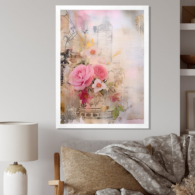Illustration rétro de la rose en fleurs, H 20 po x l 12 po x P 1 po, Cadre photo blanc