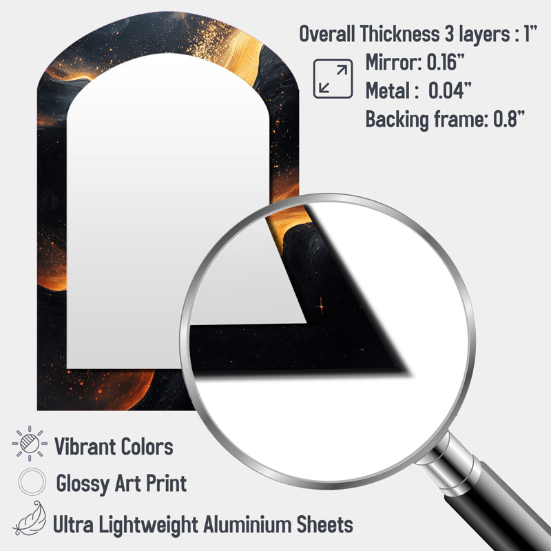 Black And Gold Ethereal Dream II - Waves Arch Mirror, Black Asymmetrical Unique Wall Mirror, Printed Metal Art, 34" x 25"