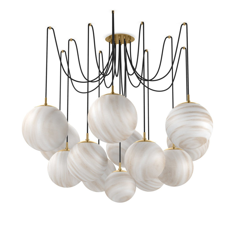 Spider 13 - Light LED Chandelier, Marbled Matte Glass, Burnished Brass