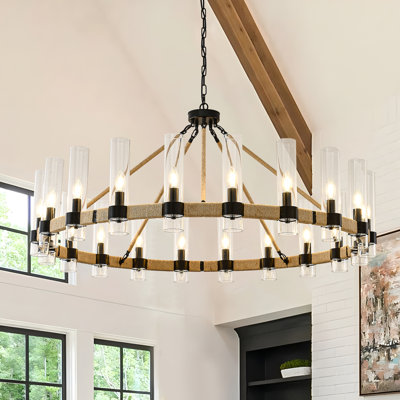 20-Light Rattan Weave Wagon Wheel Chandelier