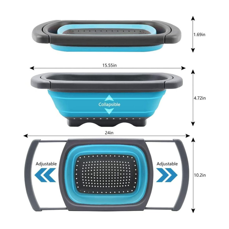 6 Quart Over the Sink Collapsible Colander with Extendable Handles, Kitchen Strainer for Fruits Vegetables, Blue