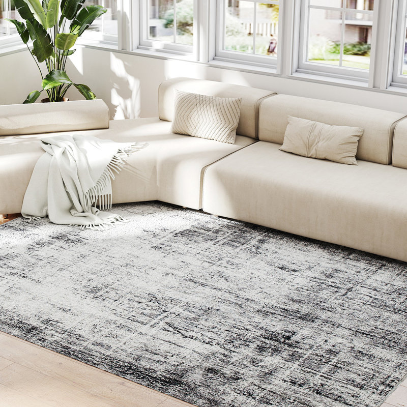 Tapis lavable moderne abstrait pour salon, gris, Rectangle 6 pi x 9 pi