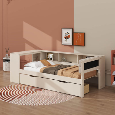 Lit plateforme simple avec tablettes, tiroirs et tête de lit tapissier