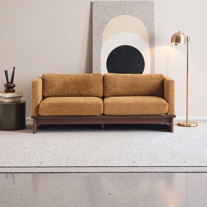 Canapé moderne à trois places avec revêtement Boucle et base en bois, Brun