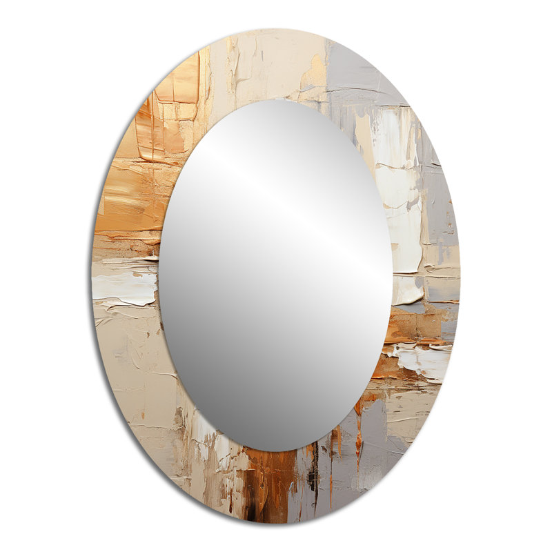 Beige Grey Geometric Collage II - Abstract Oval Decorative Mirror On Metal, 40" x 30"