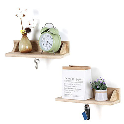 Set of 2 Wall Mounted Shelves with Metal Hooks