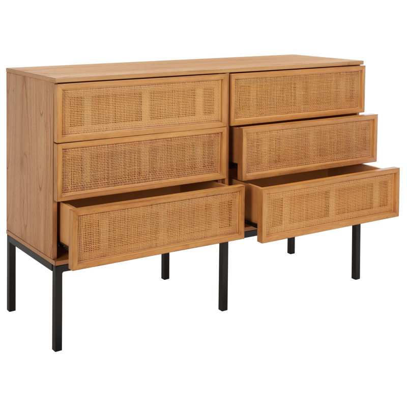 Prudhoe 54'' W 6 - Drawer Dresser, Black/Natural With Natural Rattan