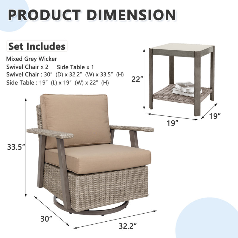 Ensemble de chaises de patio pivotantes 3 pièces Arusha Antilles, Chameau