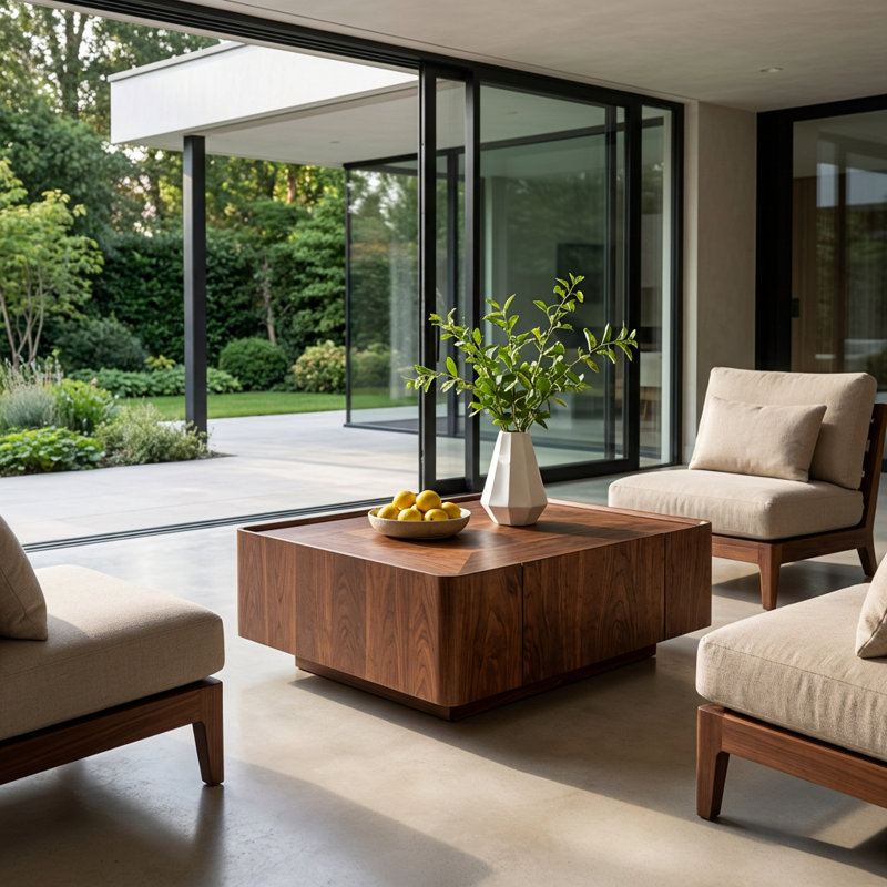 Table basse contemporaine carrée en bois avec deux tiroirs