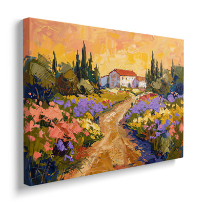 Tableau multicolore sur toile représentant un paysage de village toscan, œuvre d'art murale champêtre pour salon, salle à manger et chambre.