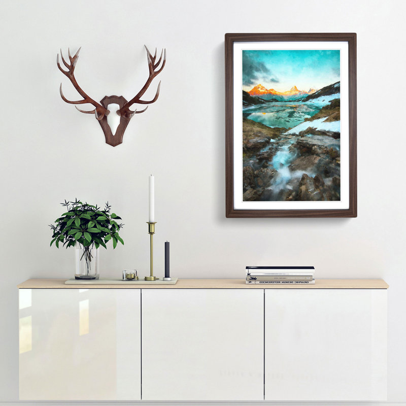 Mountain View in Switzerland - Picture Frame Painting Print, 63cm H x 45cm W x 2cm D, Walnut Framed