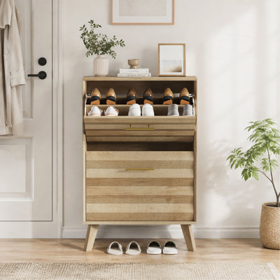 23.6-inch Slim Flip-Top Shoe Cabinet, Mid-century Modern Freestanding Shoe Cabinet, Home Entryway Double Flip-Top Door Large Capacity Narrow Style Shoe Rack
