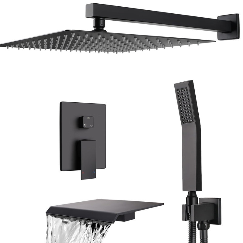 Wall Mounted Shower Faucet Set,10 Inch Rainfall Shower Head, Handheld Spray,Tub Spout, Matte Black