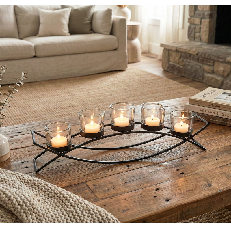 Iron Arch Candle Holder Table Centerpiece, Black/Clear