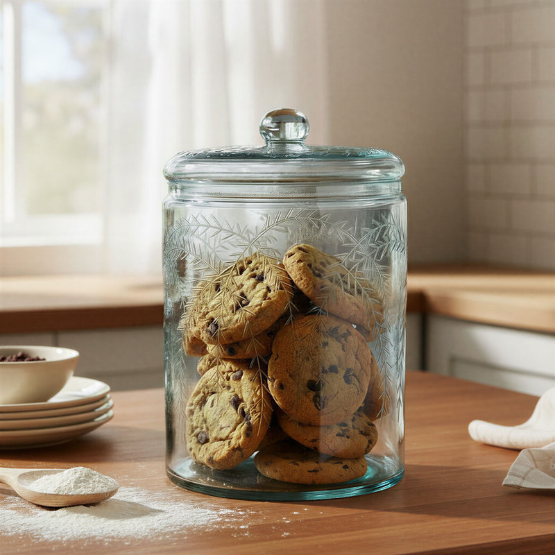 Pot en verre soufflé à la main avec motif botanique gravé et couvercle