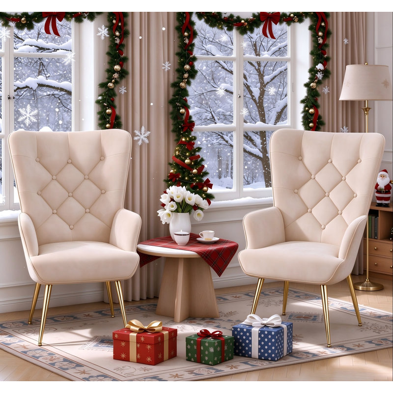 Bastoam 50Cm Wide Tufted Velvet Wingback Chair, Khaki;2-Piece Set