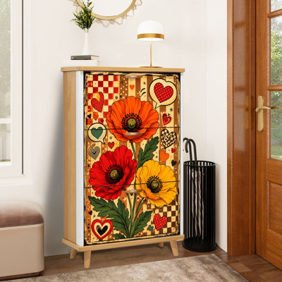 Shoe Storage Cabinet with 3 Flip Drawers for Retro Style Checkerboard Heart Accents Shoe Rack Storage Organizer