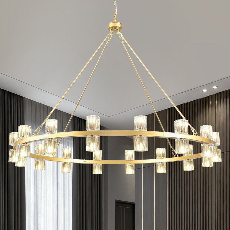 32 - Light 49.21" Large Dimmable Round Crystal Cup Style Wagon Wheel Chandelier For Dining Room Living Room, Gold