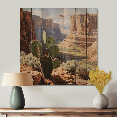 Cactus And The Canyon In Arizona I - Floral Cactus Wood Wall Decor - On Natural Pine Wood