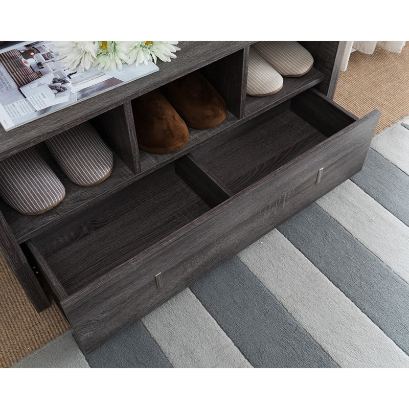 Banc d'entrée pour chaussures avec trois tablettes, un tiroir avec compartiment divisé