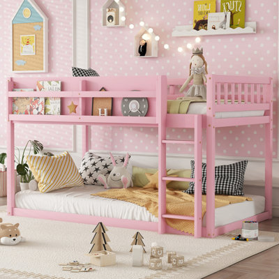 Low Twin Over Twin Bunk Bed, Floor Bunk Bed with Ladder, Solid Wood Twin Bunk Bed for Kids & Juniors