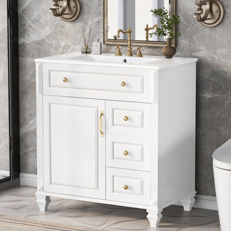 Meuble-lavabo avec lavabo en céramique, tiroirs et tablette ajustable, Blanc
