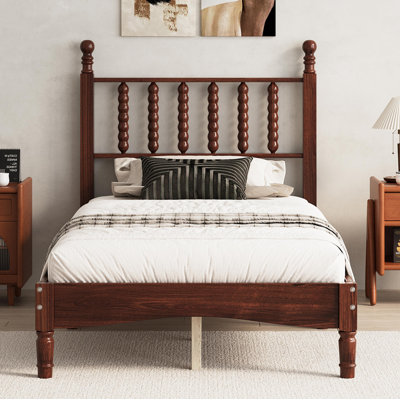 Twin Size Wood Platform Bed With Gourd Shaped Headboard,Retro Style Platform Bed With Wooden Slat Support,Walnut