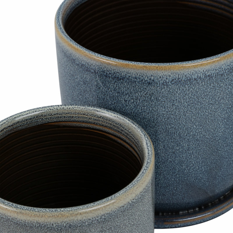 Modern Textured Ceramic Planter with Saucer, Blue, 2