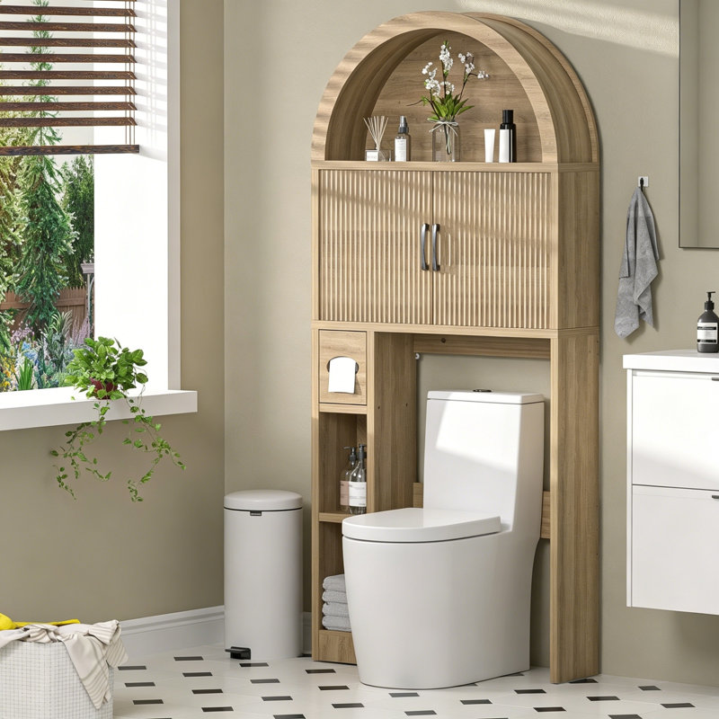 Over Toilet Storage Cabinet, Arched Doors, Adjustable Shelf, Natural