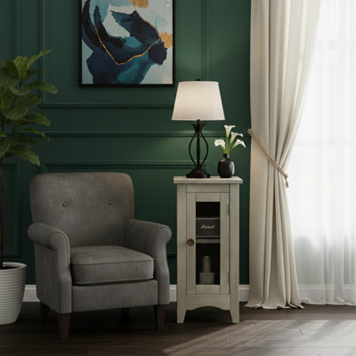 Table d'appoint étroite de 12 pouces de largeur avec porte en filet et armoire de rangement, gris antique