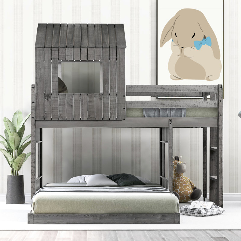 Lit superposé simple au-dessus d'un lit double en bois avec maisonnette, look en gris antique et garde-corps pour un divertissement sécuritaire, structure en pin massif, niveau de soutien supérieur de 400 lb, deux façons d'assemblage du bas 600 lb