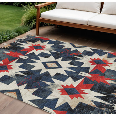 Tapis intérieur/extérieur lavable, bleu marine et rouge à motifs aztèques, 2,74 m x 3,66 m