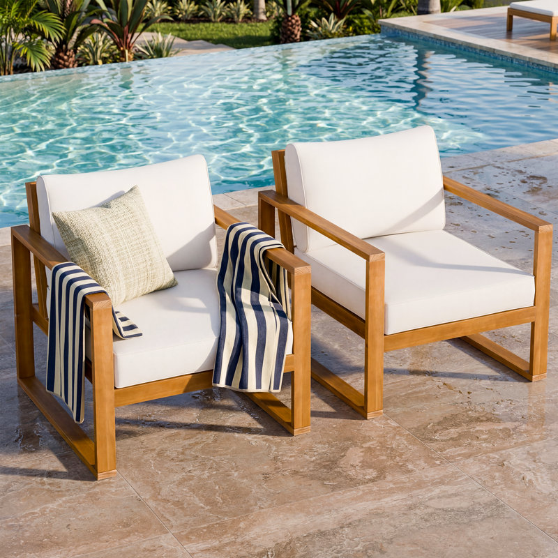 Ensemble de 2 chaises longues d'extérieur en bois avec coussins texturés résistants à l'eau et sièges profonds Loomera