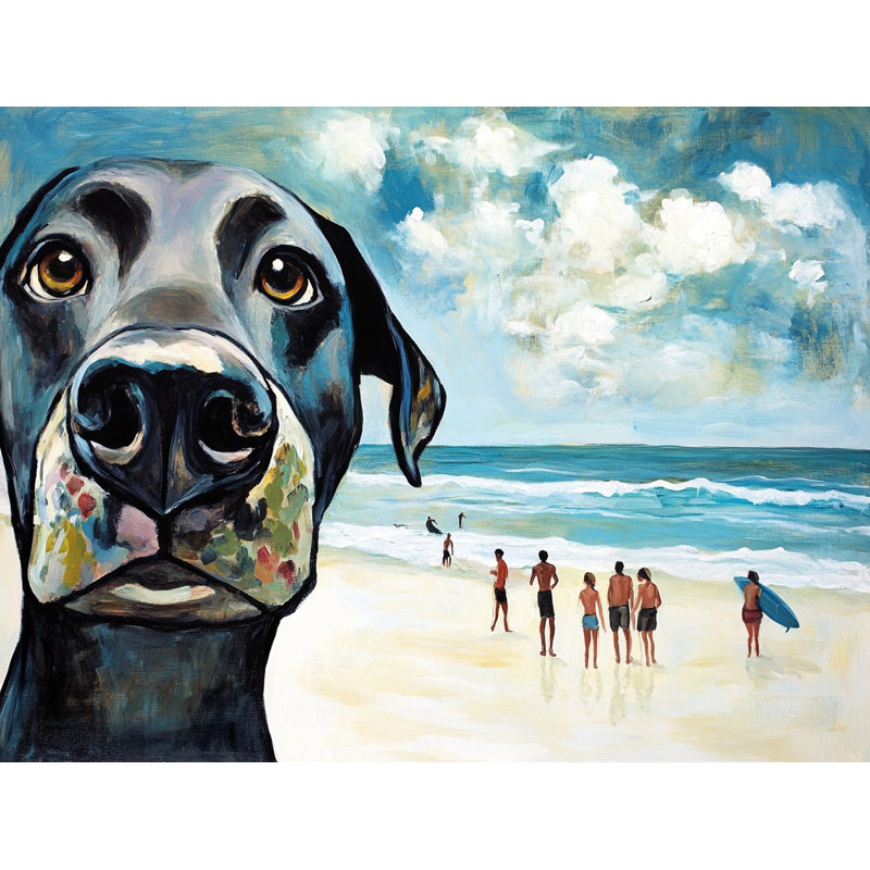 «Curious Pup at the Shore», art mural sur toile tendue, H 30 po x l 40 po