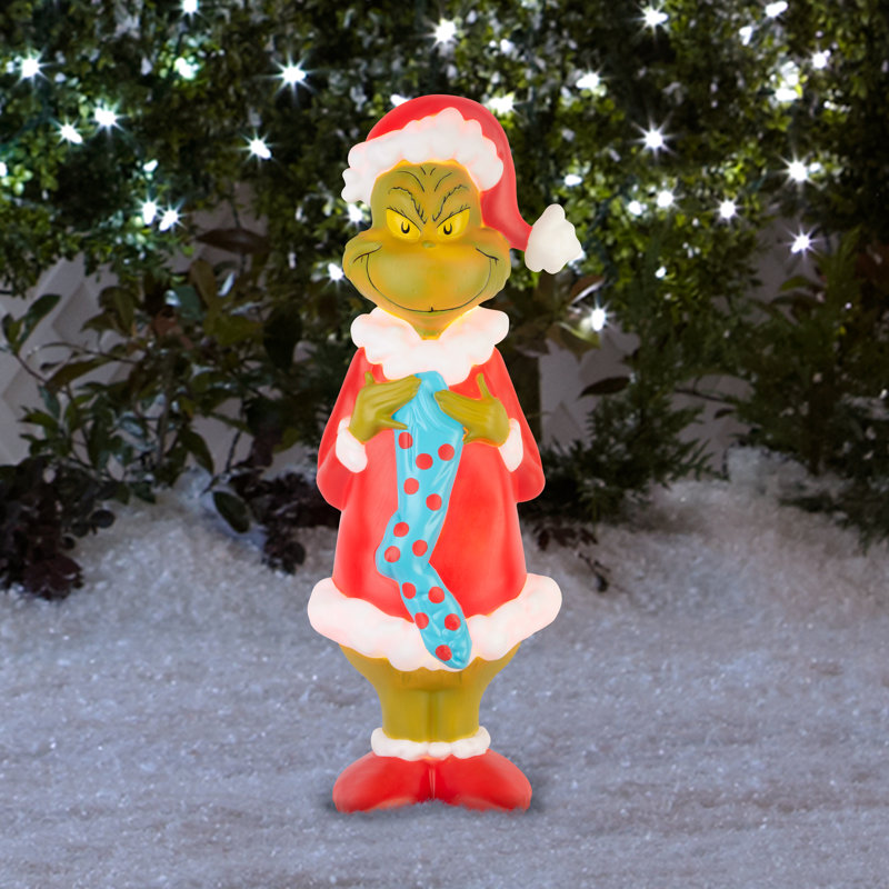 Décoration d'extérieur lumineuse moulée par soufflage Grinch avec bas style Seussian Dr. Seuss