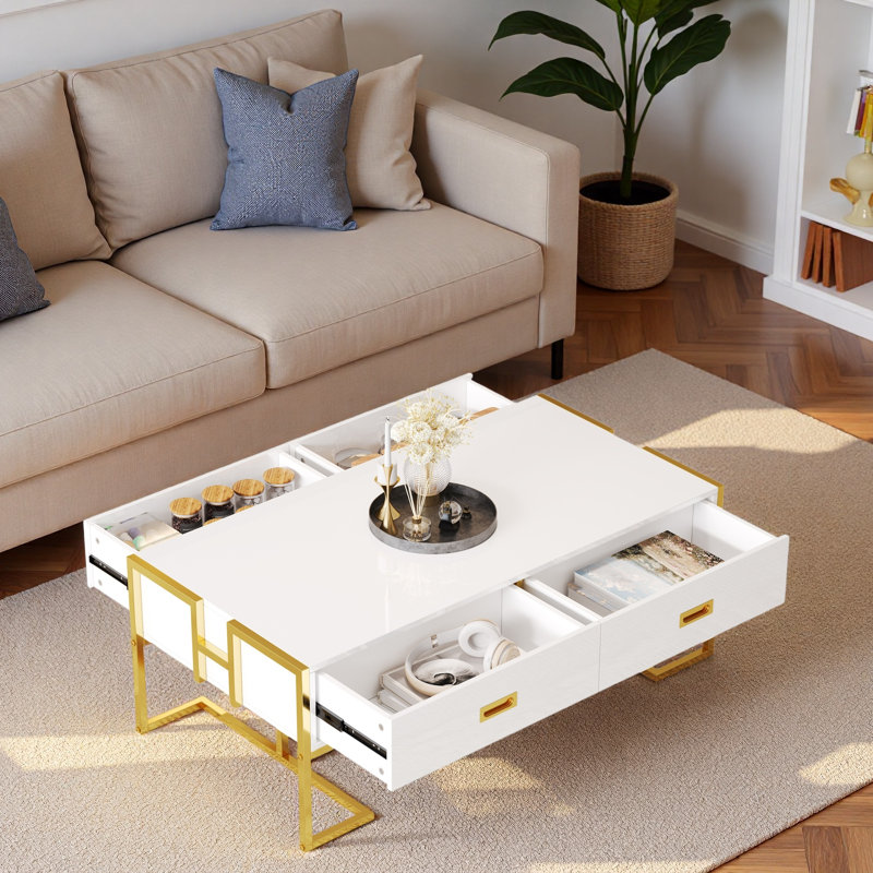 Modern Rectangular Coffee Table With 4 Drawers And Gold Base, White