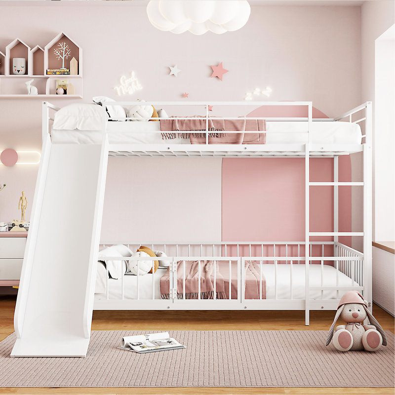Full Over Full Size Metal Bunk Bed With Slide And Guardrails, White, Full , White
