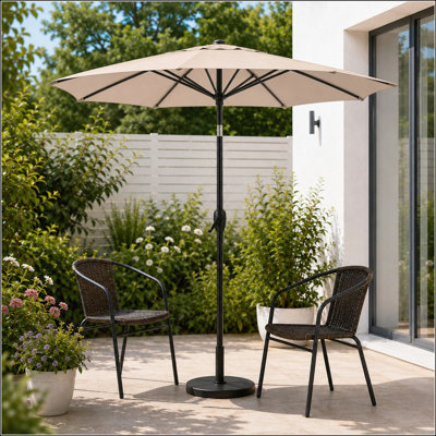 Parasol de terrasse d'extérieur 7,5 pi avec mécanisme d'inclinaison et de manivelle pour le jardin, la terrasse et la cour, beige