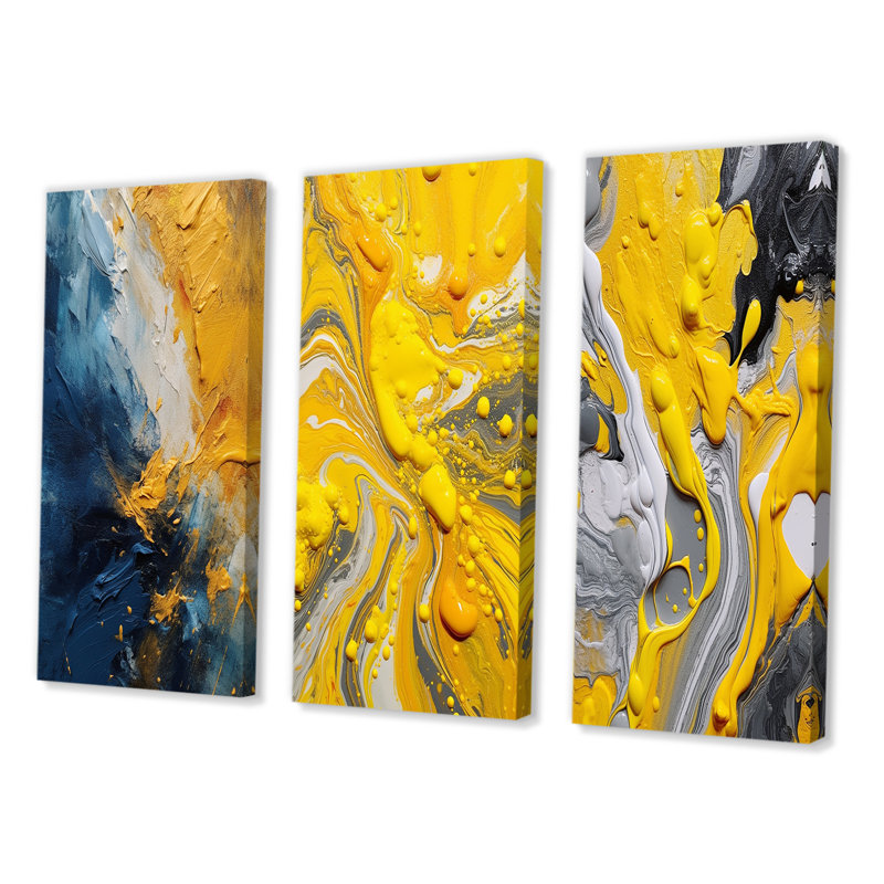 3 pièces sur toile - Expressions intuitives bleues et jaunes, Toile tendue, H 32 po x l 48 po
