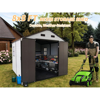 Remise de rangement en résine de 8 pi x 8 pi avec fenêtres, structure en aluminium et plancher robuste, idéale pour les décorations saisonnières outils de jardin, cadre et cour arrière de 8 pi x 8 pi x 7,6 pi brun antique et blanc