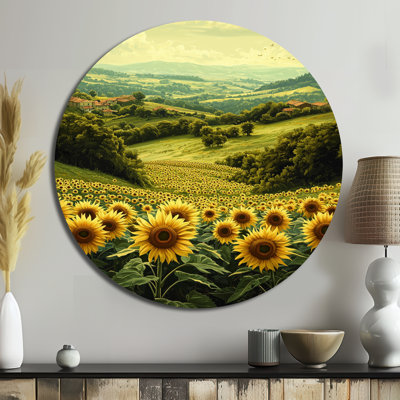 Countryside Sunflowers Field In The Valley II - Traditional Yellow Metal Art Print